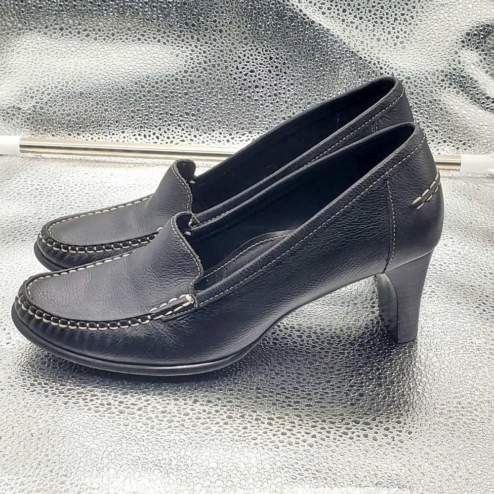 Hush Puppies Madison Heel Shoes Womens 9 Black Leather Slip‎ On Loafer Pumps